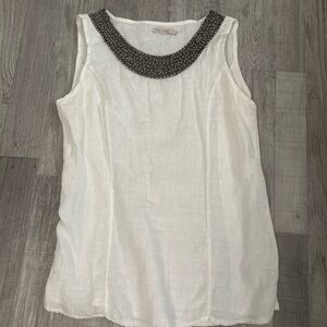 Lina Tomei Tank Top 100% Linen Stretchy Side Panels Beaded Neck Made In Italy M
